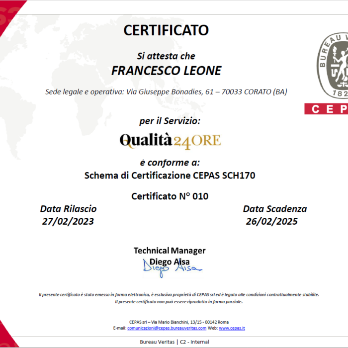 Studio Leone ottiene la Certificazione di Qualità24Ore.