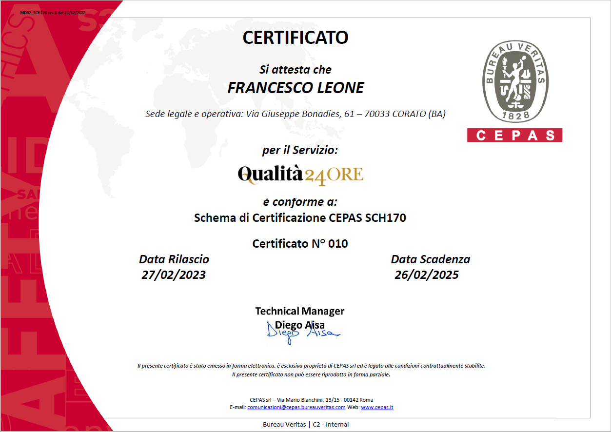 Studio Leone ottiene la Certificazione di Qualità24Ore.